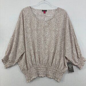 New Vince Camuto size XL Brown Tan Abstract Dolman Sleeve Smocked Waist Blouse
